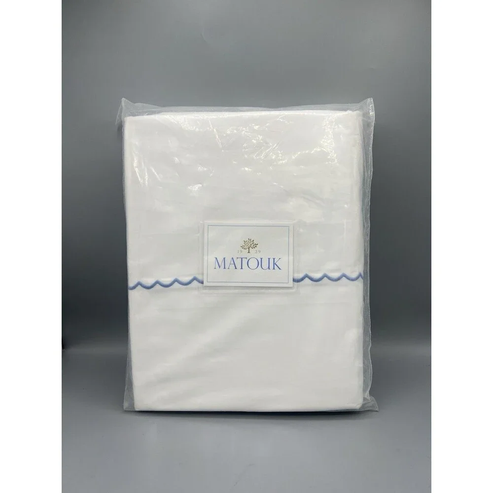 Matouk Astrid Cotton Percale King Duvet Cover Set White/Azure Blue - NWT $800